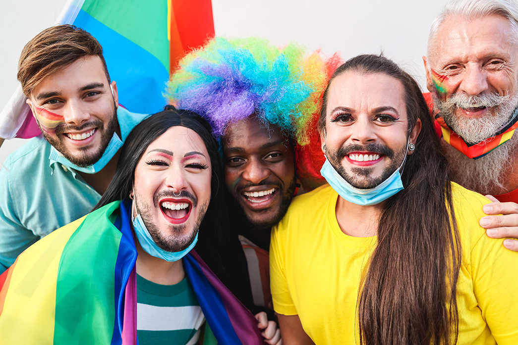 Five people happy and proud together LGTBT LGBTQIA+ 